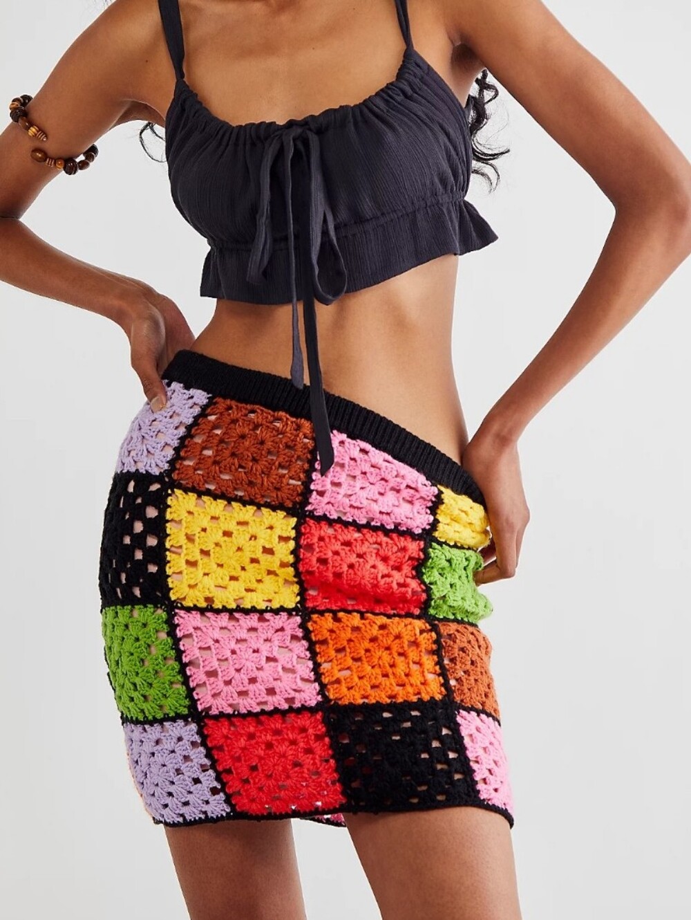 The Ragged Priest Gathering Multicolor Crochet Mini Skirt with Black Trim